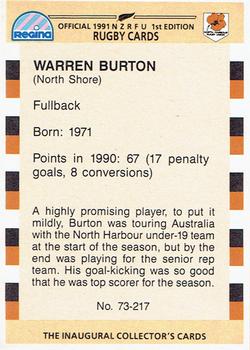 1991 Regina NZRFU 1st Edition #73 Warren Burton Back